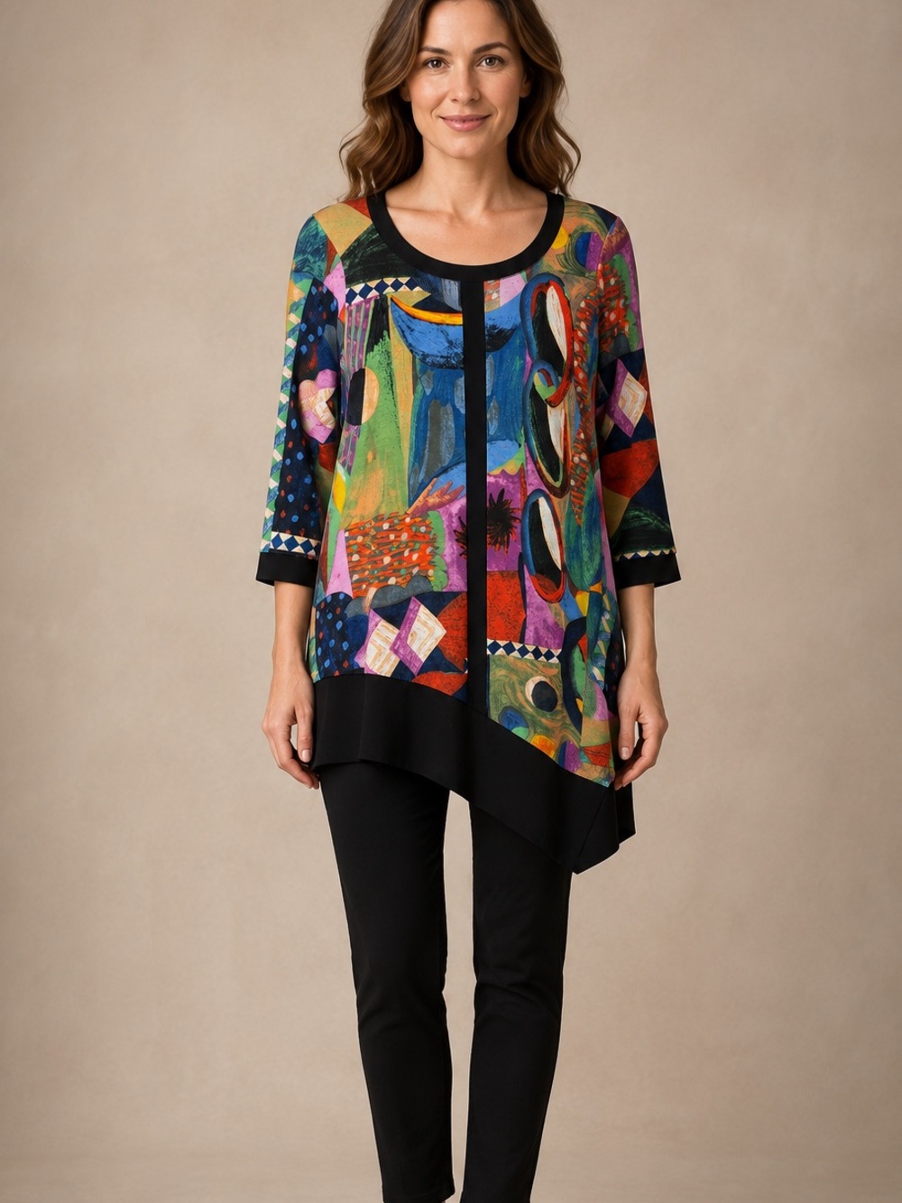 Joseph Ribkoff Size 8 Multicolor Abstract Print Asymmetrical Hem Tunic Top
